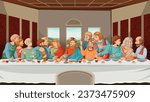 A vector cartoon illustration depicting the Last Supper scene from the last days of Jesus Christ