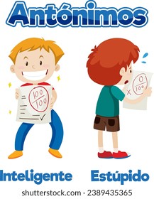 A vector cartoon illustration depicting the Spanish words for intelligent and stupid in an educational context