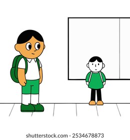 Vector cartoon illustration depicting two school boys with backpacks standing in a classroom setting. One boy is wearing a white shirt and green pants, while the other is dressed in a green shirt.