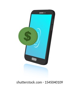 The vector cartoon illustration depicts a coin coming out of the smart phone screen. describe the income earned from working using a smart phone / online.