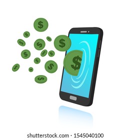 The vector cartoon illustration depicts a lot of coins coming out of the smart phone screen. describe the income earned from working using a smart phone / online.