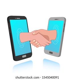 The vector cartoon illustration depicts two hands coming out of a smart phone screen shaking hands. Describe work agreements or introductions that occur through social media.