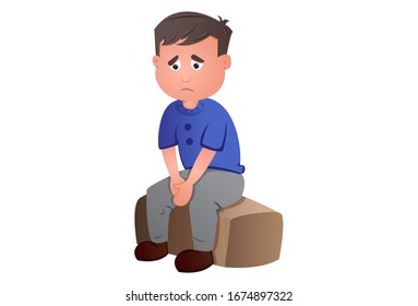 Vector cartoon illustration of depressed boy. Isolated on white background.