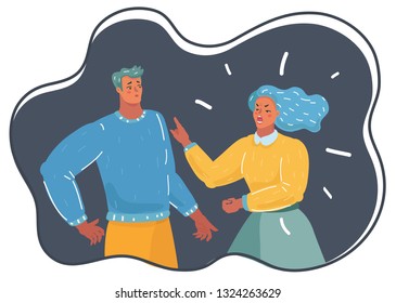 Vector cartoon illustration of depressed Couple husband and wife in quarrel dramatic concept. The accusation of his wife, divorce.