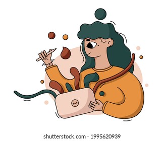 Vector cartoon illustration. Designer is creating.