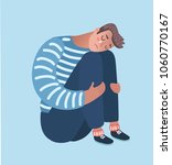 Vector cartoon illustration of despaired man hug his knee and cry when sitting alone on the floor. Isolated characters on white background.