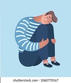 Vector cartoon illustration of despaired man hug his knee and cry when sitting alone on the floor. Isolated characters on white background.