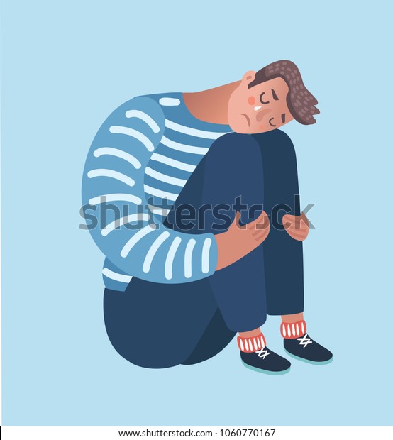 絶望した男が膝を抱き 一人で床に座って泣くベクター漫画のイラスト 白い背景に分離型文字 のベクター画像素材 ロイヤリティフリー