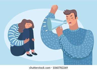 Vector cartoon illustration of despaired woman hug shes knee and cry when sitting on the floor angry man cry at her. Isolated characters. Family problems, pressure at work. Psychological abuse