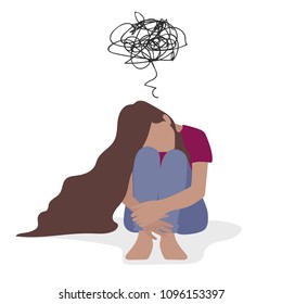Vector cartoon illustration of despaired women sad when sitting alone on the floor. Isolated characters on white background.