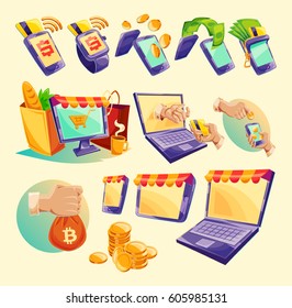 Vector cartoon illustration devices for e-payments. Icons of mobile phones, laptop, wristwatches showing the ease and convenience of online payments