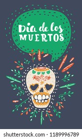 Vector cartoon illustration of Dia de los muertos. Day of The Dead poster with smiling sugar festive skull, surrounded by colorful flowers, isolated on dark background.