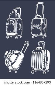 Vector cartoon illustration of Different bags set on dark background. Outline illustration set. Modern concept.