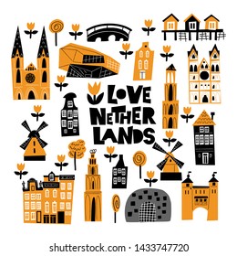 Vector cartoon illustration of different holland attractions and landmarks.