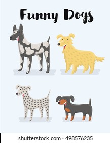 Vector cartoon illustration of different kind of dogs illustration. Cute and funny dogs any types and four size. Great Dane, Dalmatian, Labrador retriever gold, dachshund