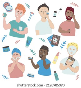 Vector cartoon illustration of different nationalities men doing skincare routine. Beauty routine concept man use cosmetics