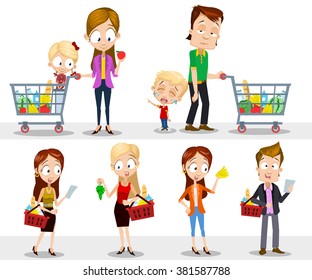 Dibujo vectorial de diferentes personas en la tienda de comestibles. Incluyendo a niños llorando, padre cansado, niñas felices y otras personas