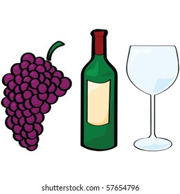 Vector cartoon illustration of different wine elements: grapes, bottle, glass