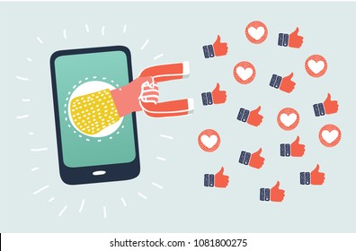 Vector cartoon illustration of digital marketing concept. Hand have appeared from the smartphone holding a magnet that attracting promotion symbols like hearts, likes, hearts.