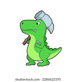 vector cartoon illustration of a dinosaur carrying a hammer and nails. Labor Day