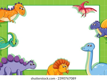 A vector cartoon illustration of a dinosaur character framed with a border template