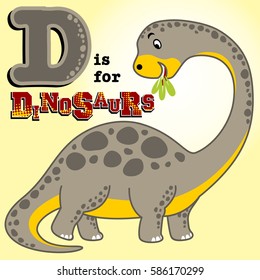 vector cartoon illustration of dinosaur eating leaf, D letter is for dinosaurs