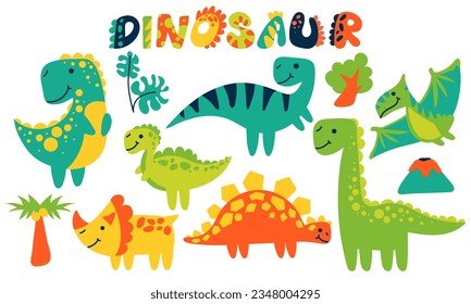 Vector cartoon illustration of dinosaurs and elements of the tropical habitat of Stegosaurus, brachiosaurus, velociraptor, Triceratops, Tyrannosaurus, spinosaurus and Pterosaurus