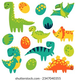 Dibujo vectorial de dinosaurios y sus huevos de estegosaurio, brachiosauro, velociraptor, triceratops, tirannosauro, espinosaurio y pterosaurio