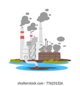 Vector Cartoon Illustration Of Dirty Plant That Throws Waste Into Water. Environmental Pollution Concept.
