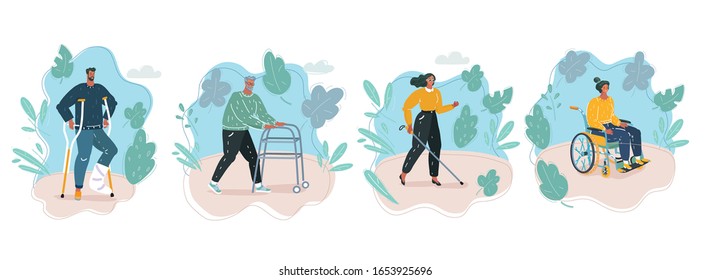 Vector cartoon illustration of Disability people set. Disabled person in wheelchair, with plaster and crunches, old man with walker, blind woman with cane. Outside background.