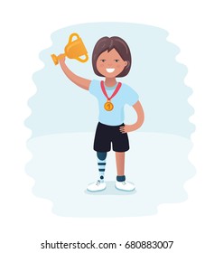 Vector cartoon illustration of disable young happy girl have prosthetic leg holding in his hand a gold Cup winner and first place medal. Sport Games for disabled activity 