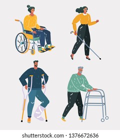 Dibujo vectorial de personas discapacitadas y discapacitadas con sillas de ruedas, muletas, ciegas, caminantes, yeso. Hombre y mujer de diferentes edades.