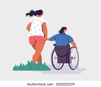 Vector cartoon illustration of Disabled handicapped woman. 
Young happy Disabled person in wheelchair and her friend. 
Equal opportunities concept.  Happy disability people concept. Modern vector flat