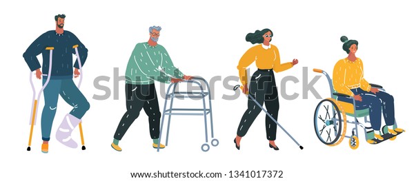 Vector\
cartoon illustration of Disabled handicapped people. Disabled\
person in wheelchair, with plaster and crunches, old man with\
walker, blind woman with cane. White\
background.