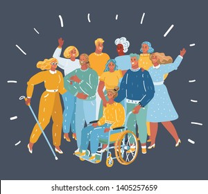 Vector cartoon illustration of disabled people friends and teacher get together. Disabled and handicapped characters, volunteers, diverse students, disabled girl in wheelchair, blind woman. Friends to