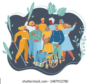 Vector cartoon illustration of disabled people get together. Disabled and handicapped characters, volunteers, diverse students, disabled girl in wheelchair, blind woman. Friends together.