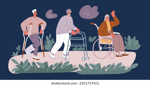 Vector cartoon illustration of Disabled people, handicapped characters volunteers, diverse students, disabled girl in wheelchair, blind woman. Friends together. Group of people