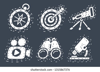 Vector cartoon illustration of discovery icon set. Telescope, Search, Binoculars, Microscope, Compass, Video, Camera. Hand drawn object on dark background.