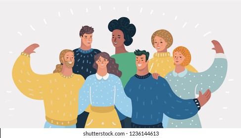 Vector Cartoon Illustration Of Diverse Global People Teamwork Of Different Cultures. Happy Women And Men In Modern. Friends, Coworkers Or Relatives Character On White Isolated Background.