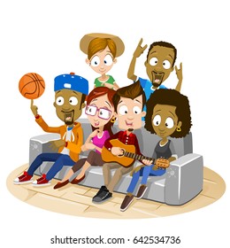 Vector cartoon illustration of diverse students sitting on the coach and having fun together