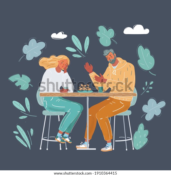 Vector cartoon illustration of\
divided couple. Divorcing people. Couple going to break up on. Sad\
man and woman in cafe, sitting at the table on dark\
background.
