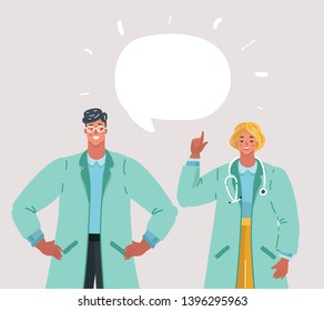 Vector cartoon illustration of Doctor. Man and woman say something. Bubble speech above them on white background.