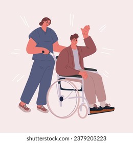 Vector cartoon Illustration of Doctor or nurse, pushing man in wheelchair. Person receiving help, care. Volunteer taking care about handicapped patient.
