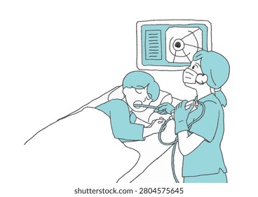 Vector cartoon illustration of a doctor performing a gastroscopy endoscopy exam on a female patient lying on a medical bed. Simple flat icon for hospital diagnostics and stomach health guide.