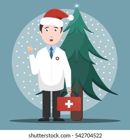 Vector cartoon illustration of doctor in Santa's hat. Concept of Healthy Christmas and Happy New Year