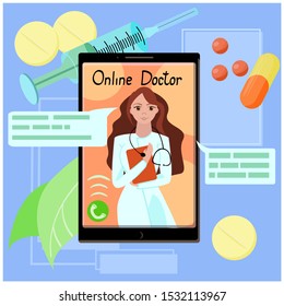 Vector cartoon illustration of doctor with stethoscope on phone screen. She speaks into her speech bubble. On background of medicines tablets, capsules, pills, herbal medicines and a syringe.