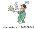 Vector cartoon illustration of doctor with a stop hand sign. Lettering text - You shall not pass. Isolated on white background. 