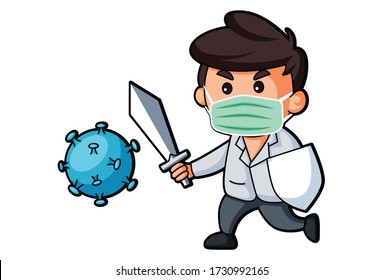 Vector cartoon illustration. Doctor is wearing surgical mask, holding sword and shield in hand to protect corona virus. Isolated on white background.