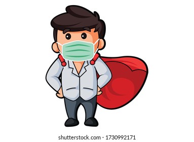 Vector cartoon illustration. Doctor is wearing surgical mask and superhero cape. Isolated on white background.