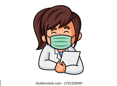 Vector cartoon illustration. Doctor is wearing surgical mask and holding document in hand. Isolated on white background.